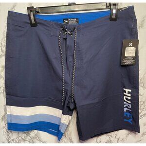 Hurley Boardshorts 34 Navy Blue 4-Way Stretch Water Repellent Swim Trunks With B